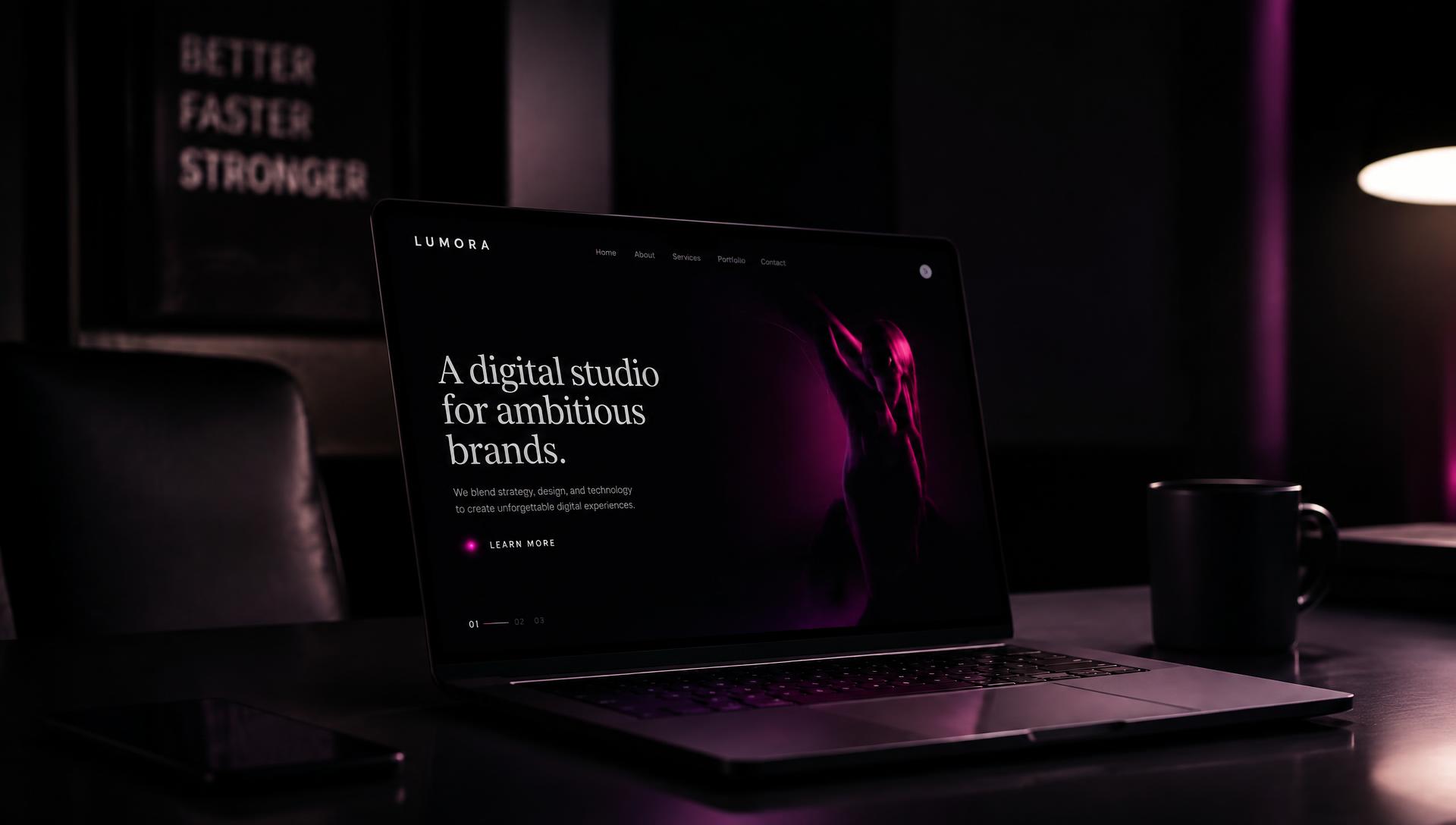 Mörk, elegant hemsida öppnad på en laptop